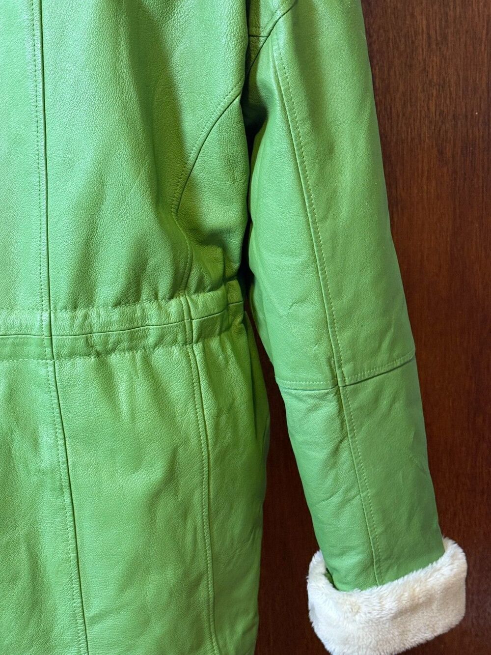 RARE Vtg Leather/Faux Fur Lined USA GREEN Coat w/Hood Penny Lane Protocol Medium - Picture 10 of 16